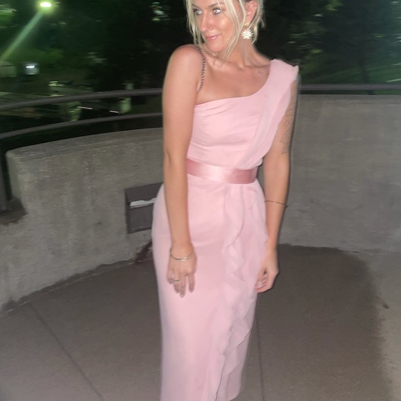 White by Vera Wang One Shoulder Bridesmaid Dress with Ruffles in Ballet - Picture 7 of 8